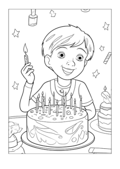 Boy Celebrating Birthday With Pretty Cake Kids Coloring Pages Pdf, Free Vectors File